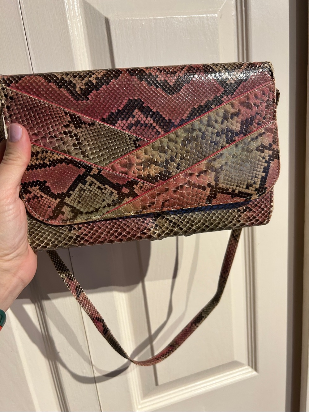 Vintage 70s Pink and Green Python Snake Skin Clutch Shoulder Bag